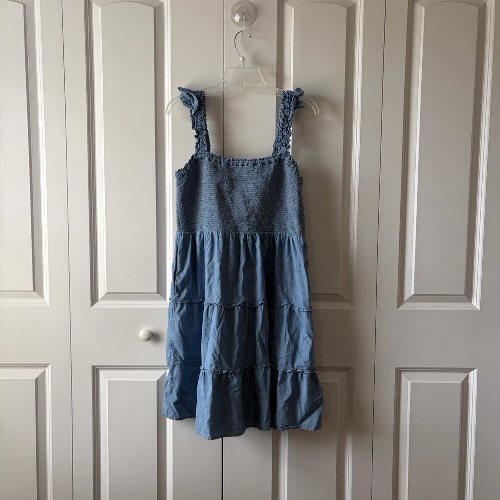 J.Crew Chambray Ruffle Mini Dress Women’s Size Large Cottage Pockets - Picture 2 of 4